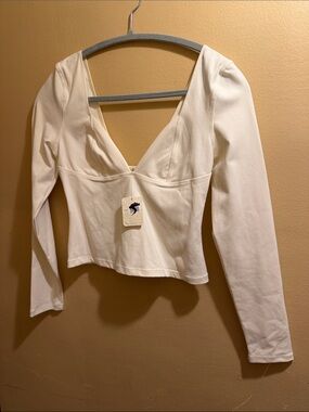 Free People Cream Deep V Long Sleeve Top